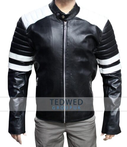 Brad Pitt Fight Club Motorcycle Leather Jacket Black and White