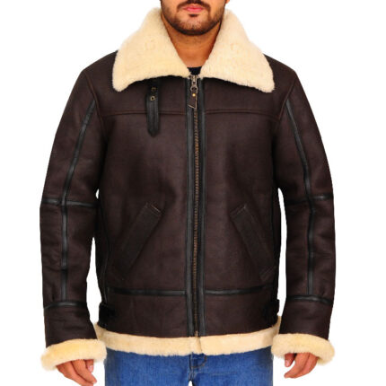 B3 Mens Bomber Shearling Sheepskin Leather Jacket
