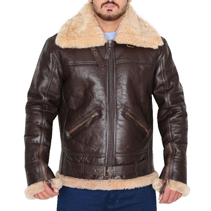 B3 Men Shearling Brown Bomber Leather Jacket