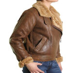 Brown Womens Shearling Sheepskin Bomber Aviator Jacket