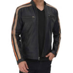Harland Stripe Black Leather Cafe Racer Style Jacket for Men