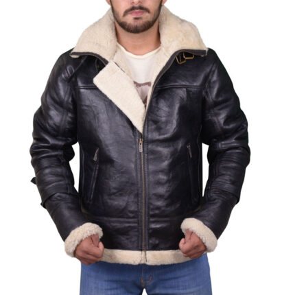 Men Black B3 Bomber Aviator Shearling Leather Jacket