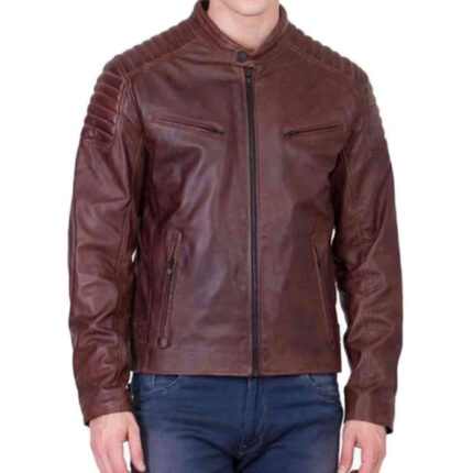 Men Brown Padded Shoulder Leather Jacket