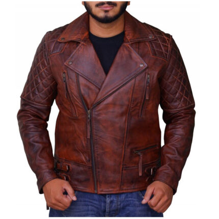 Mens Diamond Classic Distressed Leather Jacket