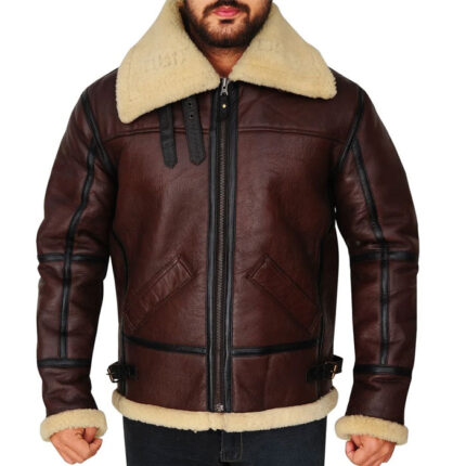 Mens Shearling Brown Bomber Leather Jacket