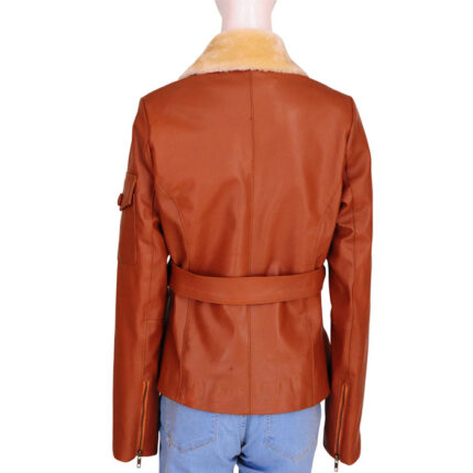 Tan Brown Fur Collar Leather Jacket