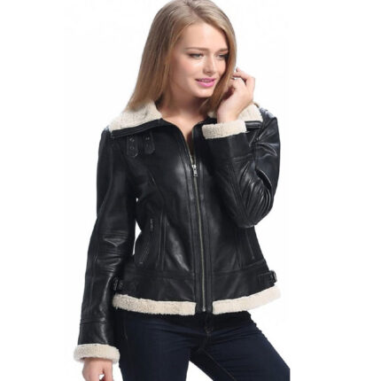 Women Shearling Black Leather Jacket