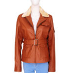 Women Tan Brown Fur Collar Leather Jacket