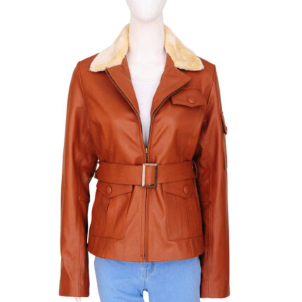 Women Tan Brown Fur Collar Leather Jacket