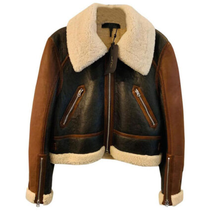 Womens Brown Cropped Aviator Shearling Jacket