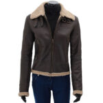 Womens Dark Brown Shearling Leather Bomber Jacket