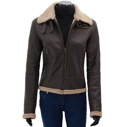 Womens Dark Brown Shearling Leather Bomber Jacket