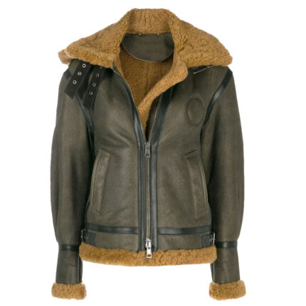Womens Green Shearling Aviator Jacket