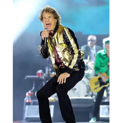 Rolling Stones frontman Mick Jagger gold leather baseball jacket in New Jersey