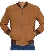 Brown Suede Leather Bomber Jacket for sale