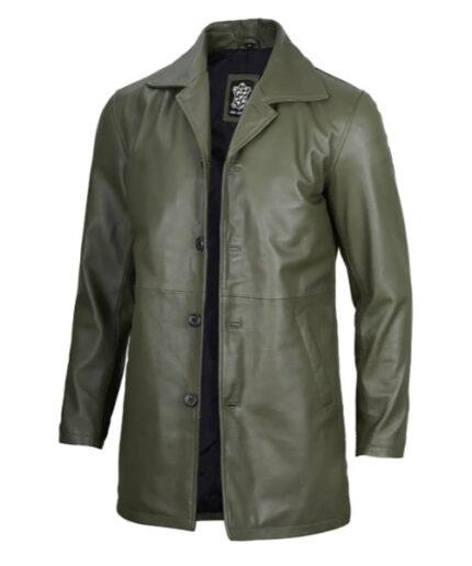 Men's Leather Military Four Button Green Coat